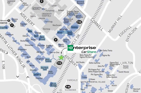 A map showing the location of Lot 53 and Enterprise CarShare at CWRU. Located east of Veale Center off Adelbert Road