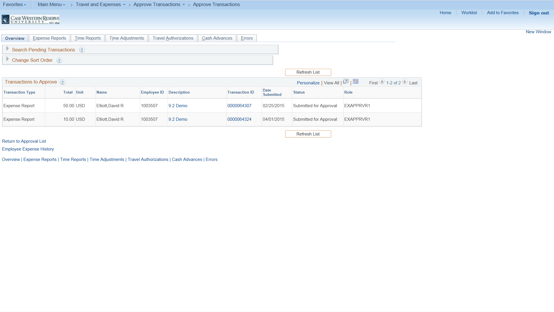Screenshot of "Approve Transactions" screen with a list of two transactions awaiting approval