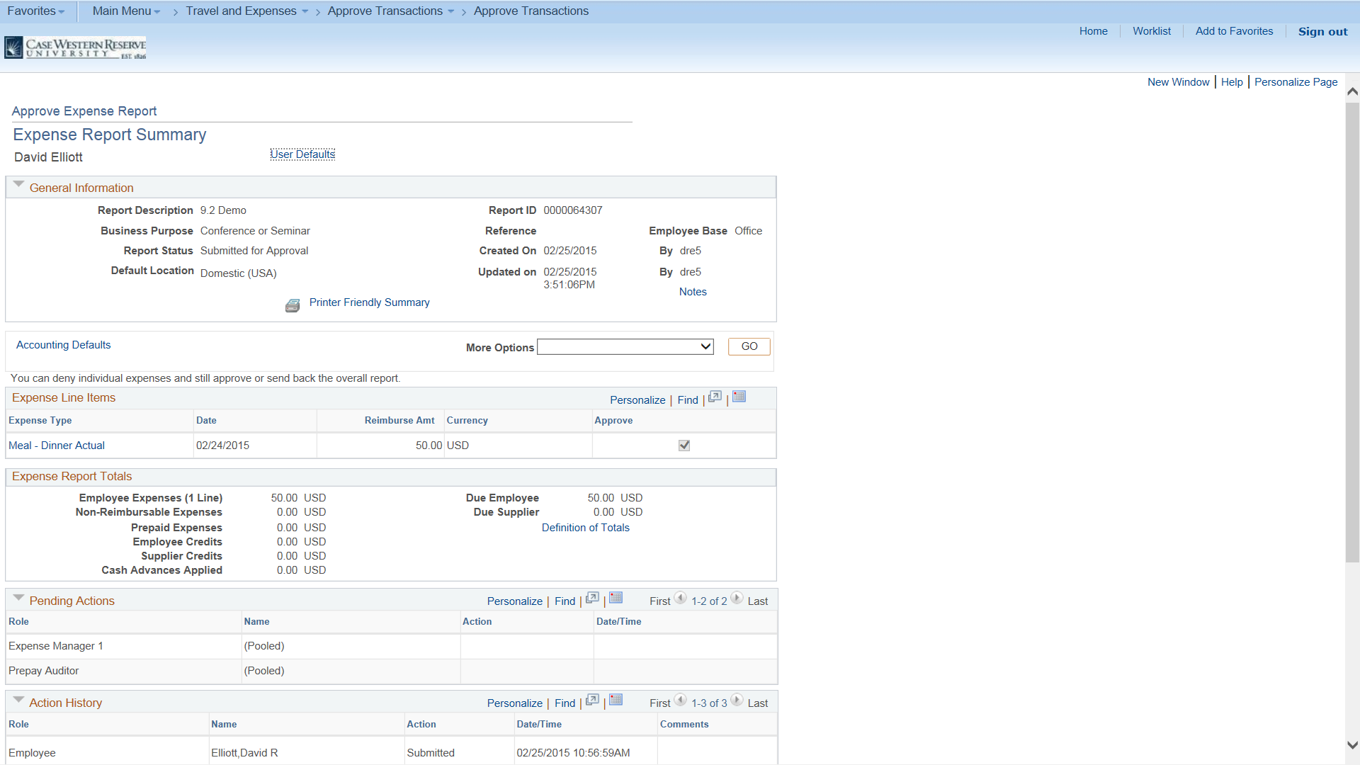 Screenshot of the "Expense Report Summary" page feautring all stored information on the selected report