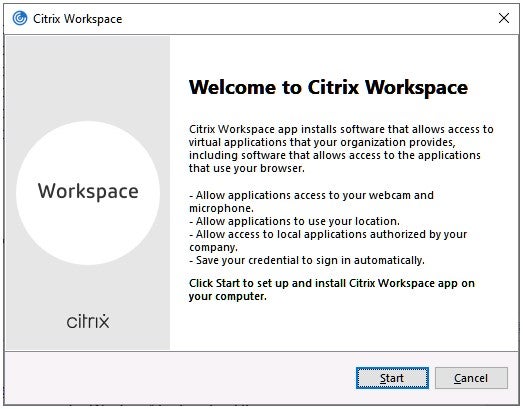 Citrix Workspace Welcome Box with start button highlighted