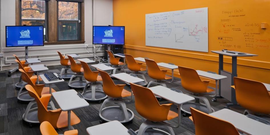 Empty Active Learning Classroom with white board and monitors