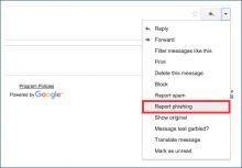 Screenshot of top right corner Gmail dropdown with the "Report Phishing" option highlighted