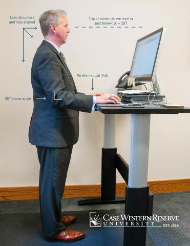 A man standing at a desk showing the correct angles your body should be at. 