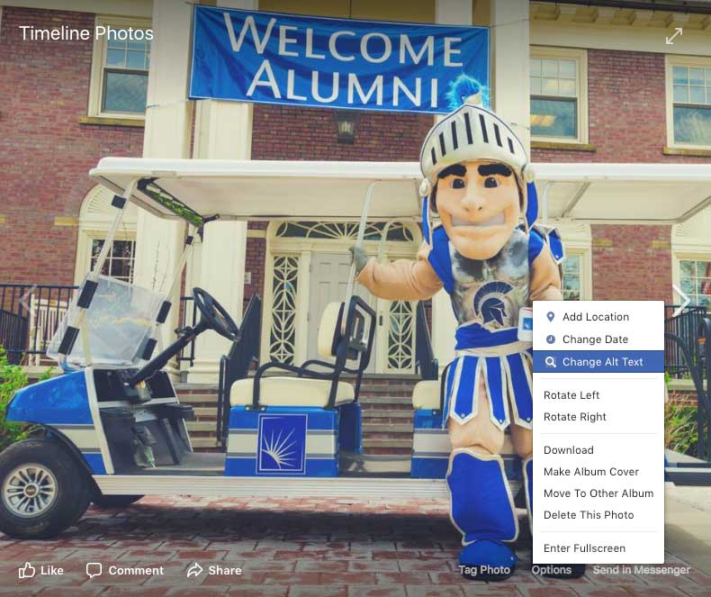 Screenshot of the Facebook platform showing how to change alt text on a photo by right clicking