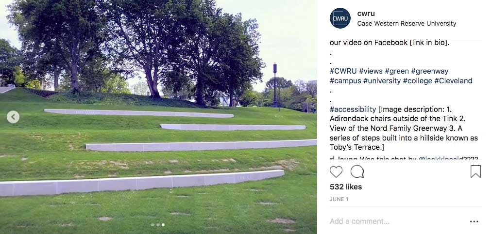 Screenshot of Instagram slideshow with a photo of the Nord Family Greenway at Case Western Reserve featured