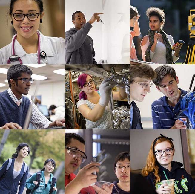 Photo collage of Case Western Reserve University students in labs, classrooms, and around campus