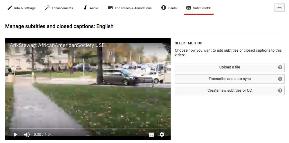 A screenshot of the YouTube platform showing how to add closed captioning to videos
