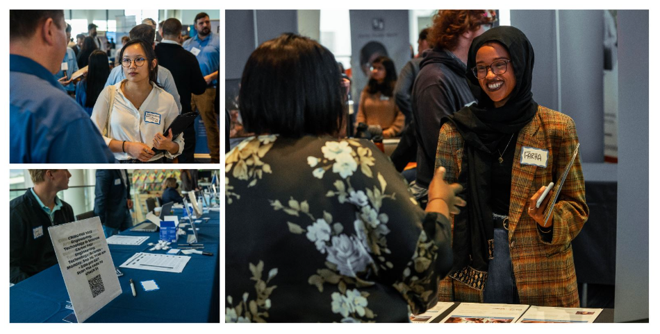 students and potential employers interacting at a career fair 