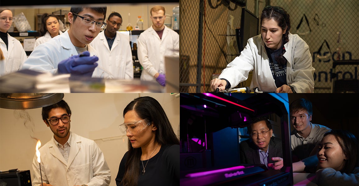 Four photos combined showing students and faculty in the Engineering field