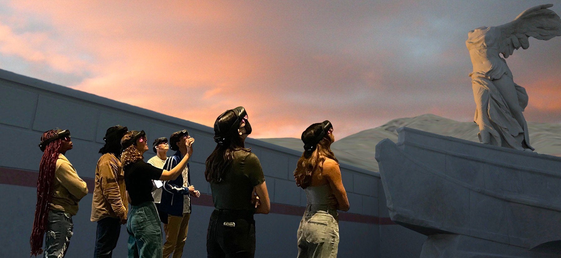 students wearing VR headsets viewing a statue against a cotton candy colored sky