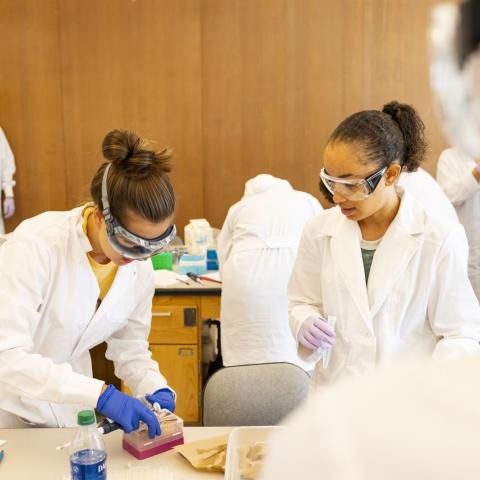 students in lab coats and goggles