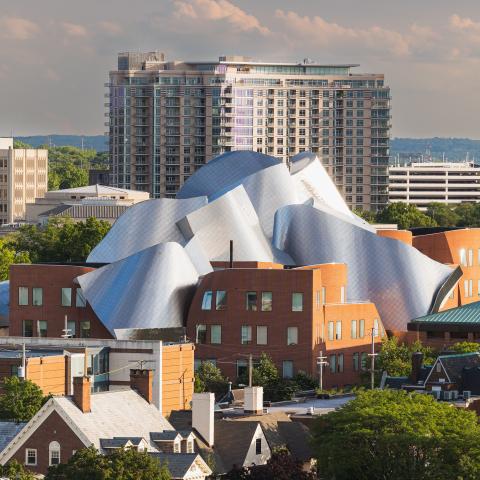 Aerial view of the Peter B Lewis building, with the University Circle skyline in the background