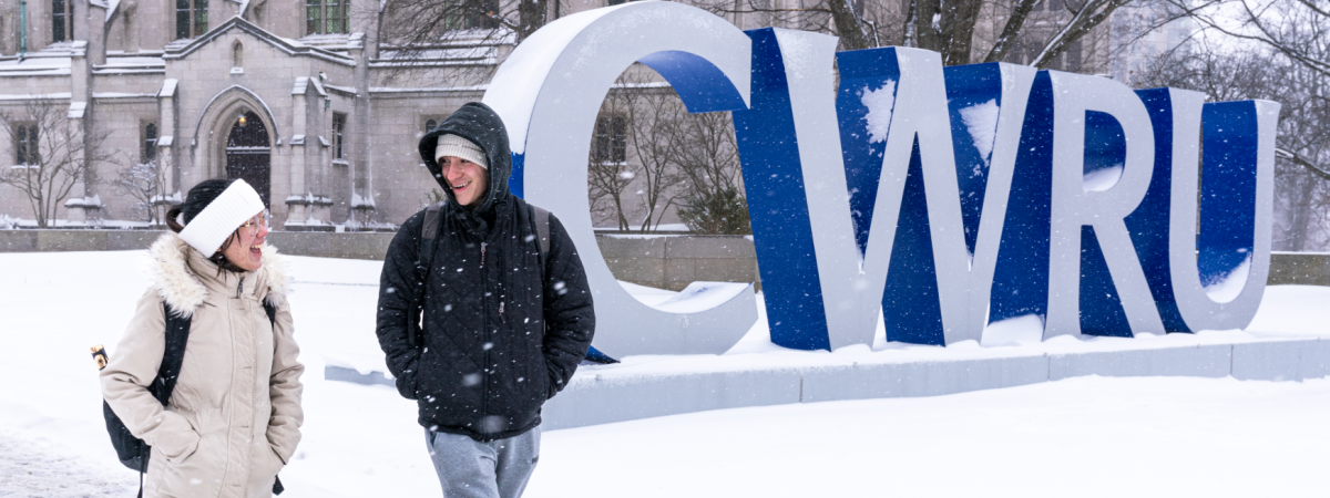 students walking in snow
