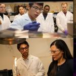 Four photos combined showing students and faculty in the Engineering field