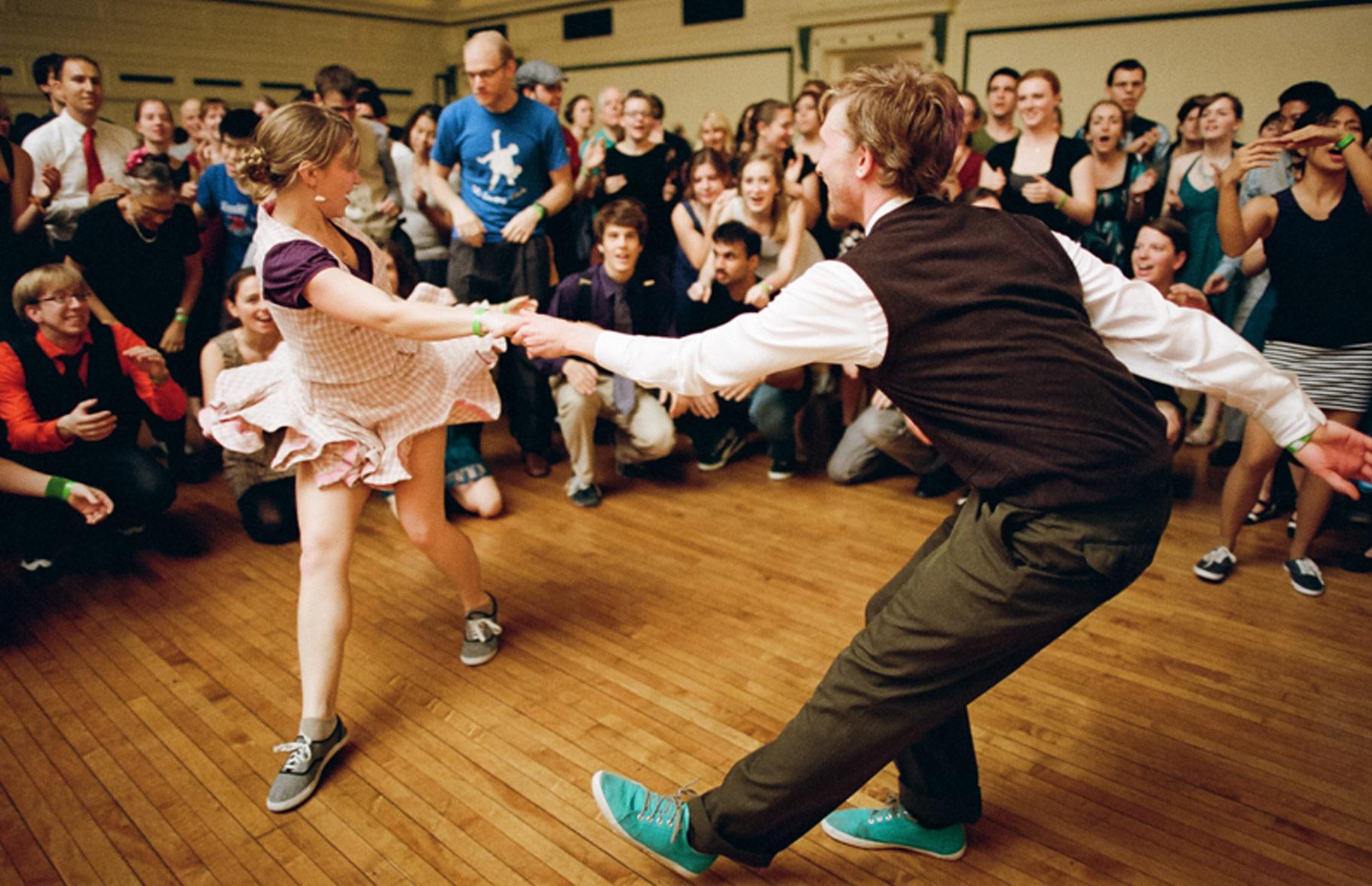 Two CWRU students swing dancing
