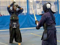 Fencing team practicing on campus