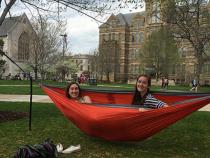 Students sitting in a hammock in the quad