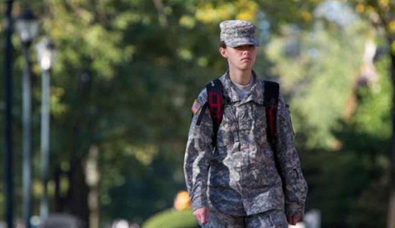 ROTC student walking across campus
