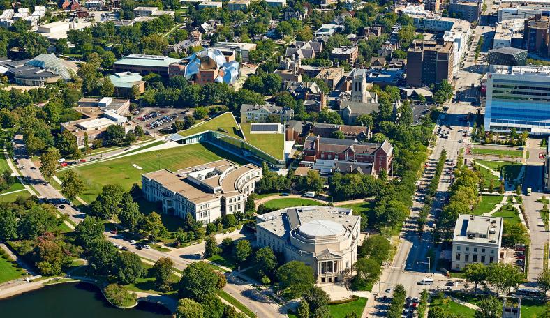 Aerial view of CWRU campus and University Circle