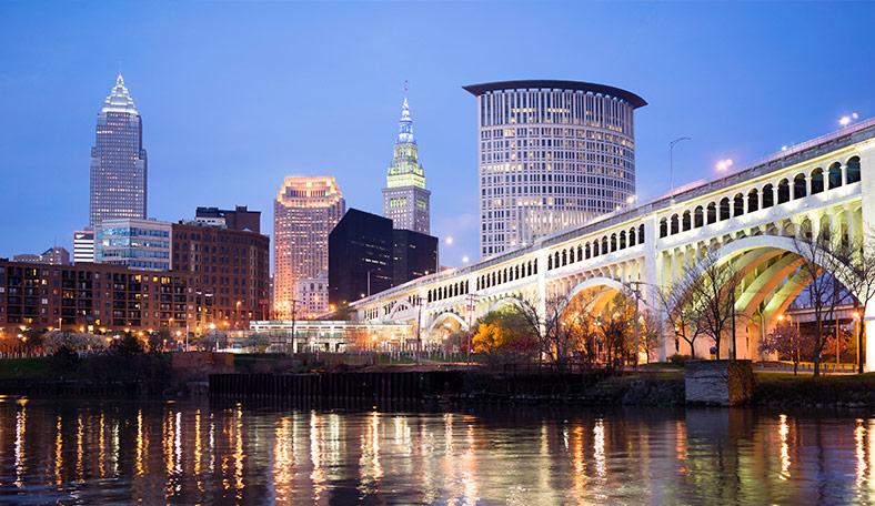 Downtown Cleveland waterfront at night