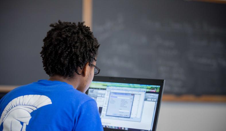 Student looking at laptop, pictured from behind