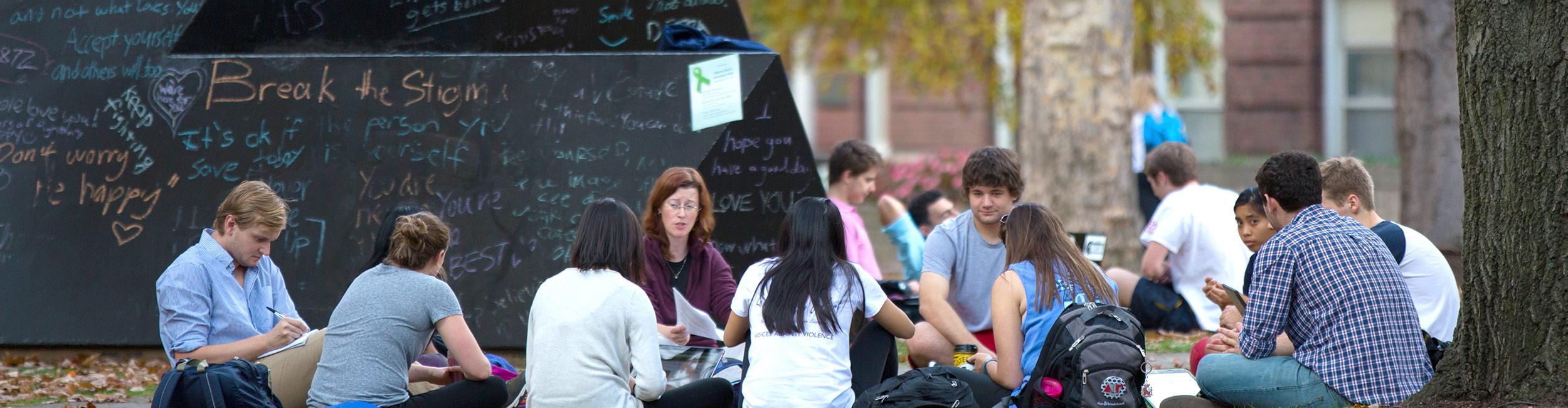 Students attending a class held outside on the quad