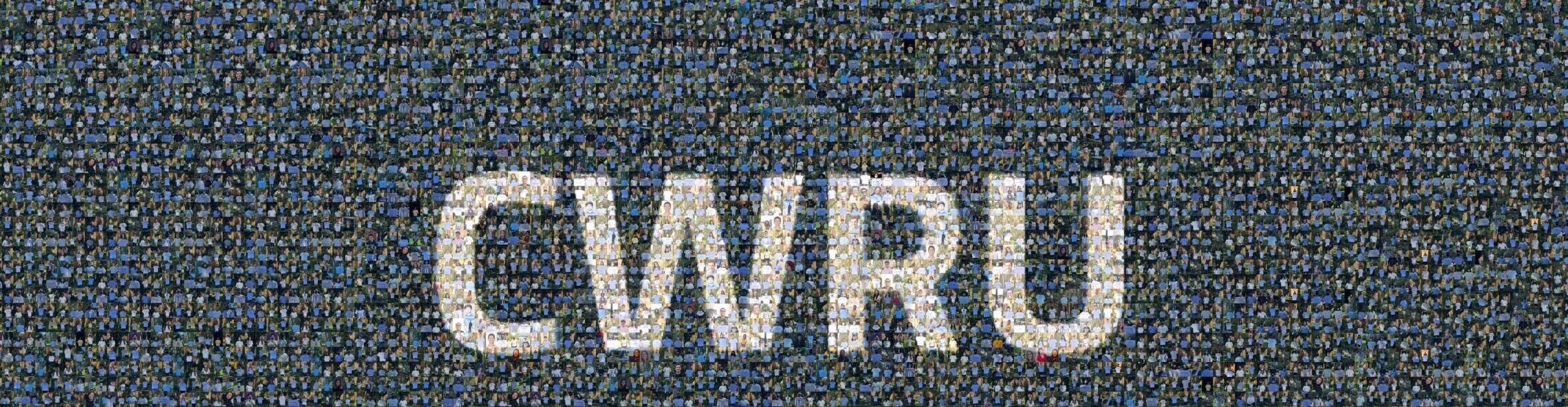 A mosaic of student photos spells out the letters C-W-R-U