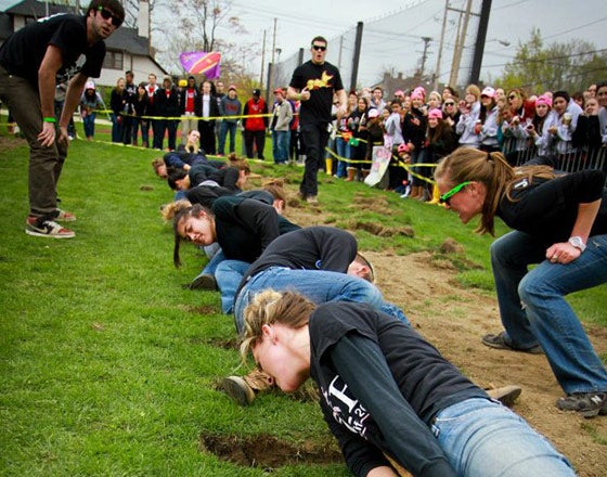 Students participating in a tug of war