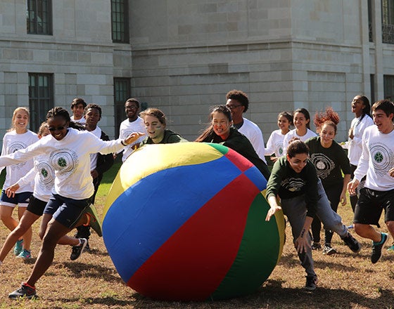 Students chasing a huge ball around outside the Tink