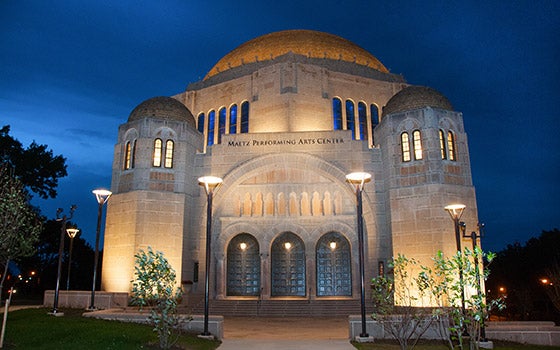 Exterior of the Maltz Center at dusk