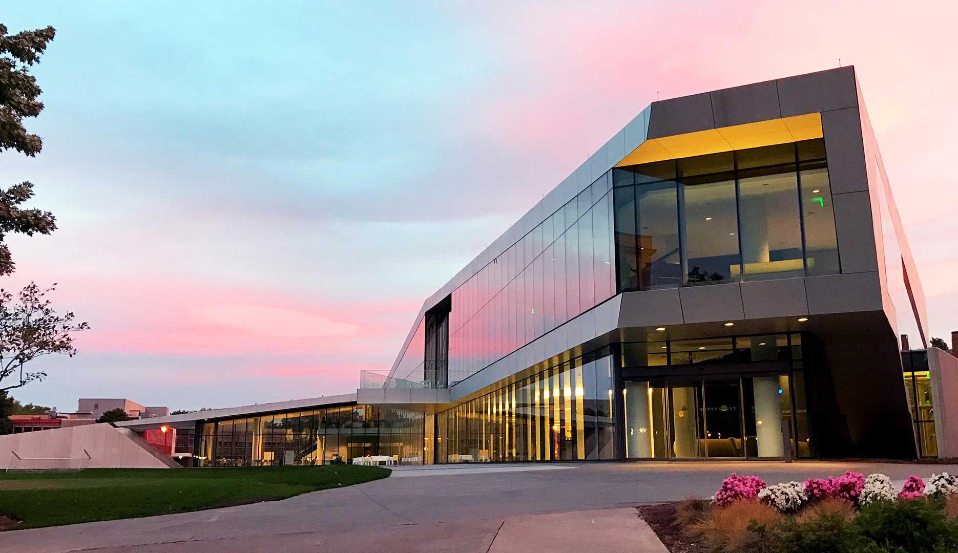 Sunset exterior of the Tinkham Veale University Center