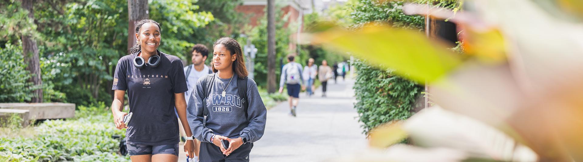 Students walk and talk together on a cobblestone path.