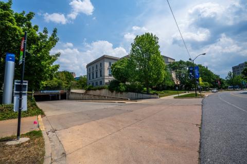 An exterior shot of the Severance Music Center parking garage.