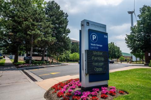 An exterior shot of the Veale Convocation Center parking garage.