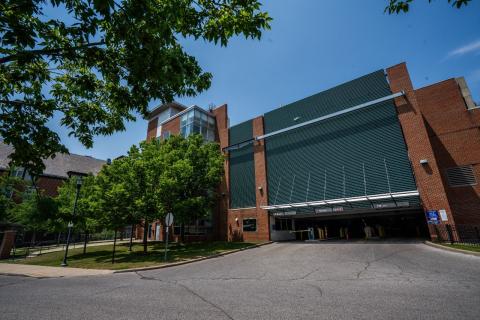 An exterior shot of the North Residential Village parking garage.