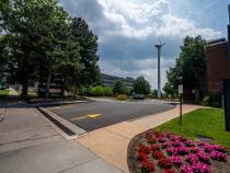 Wide angle of the road up to a parking garage with a field, flowers and a windmill