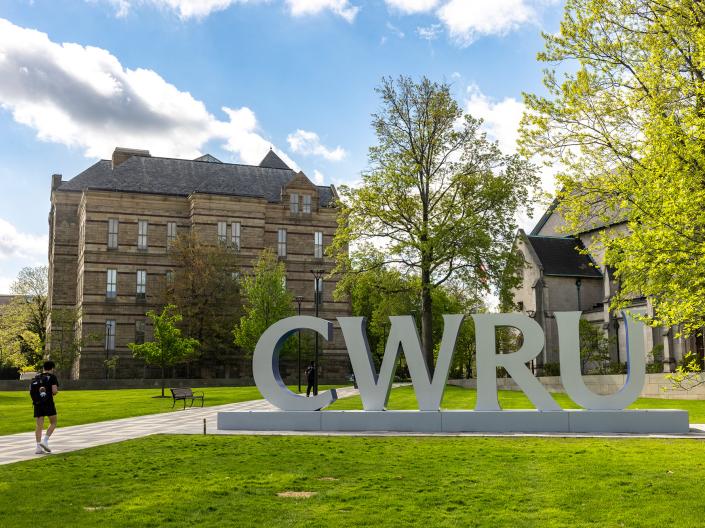 CWRU large letters on campus in front of Adelbert.