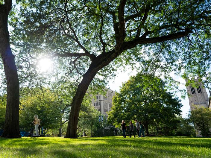 Students walk along paths on campus in the distance.