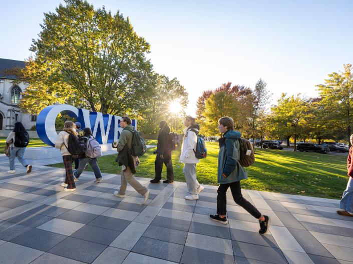 CWRU students walking across campus.