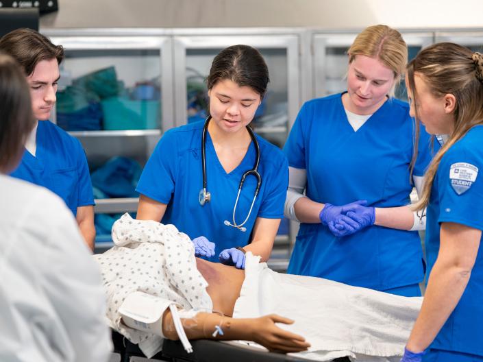 Nursing students practice palpation exams on a dummy simulation.