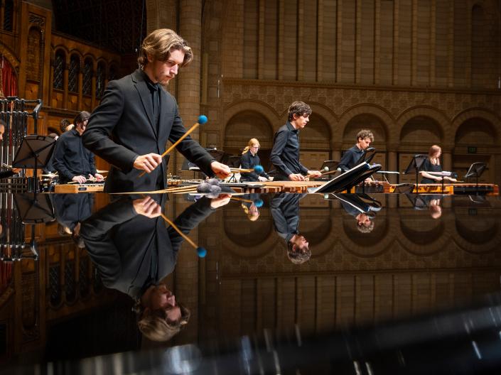 A percussion ensemble plays at the Maltz Performing Arts Center.
