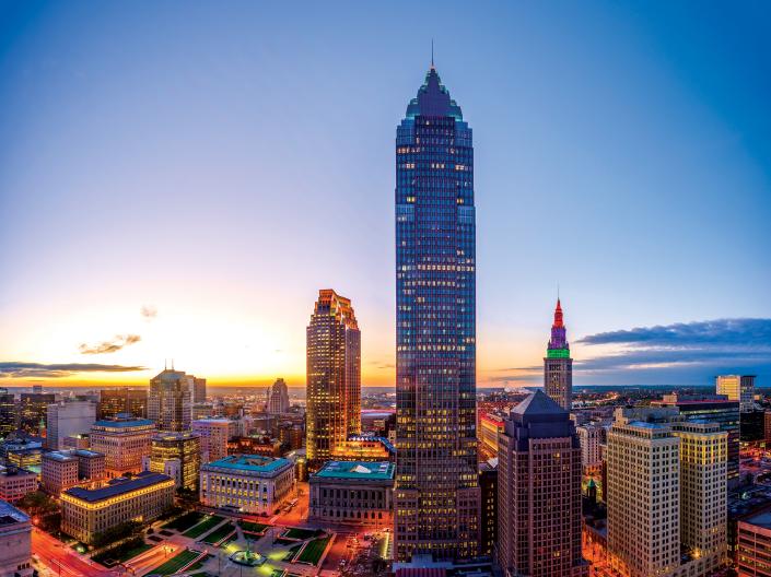 An aerial of the Cleveland skyline.