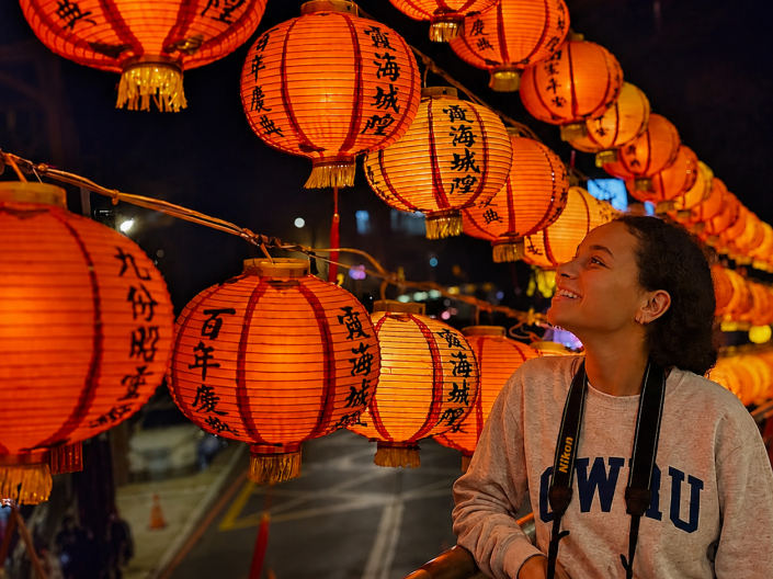 Student looking at lanterns