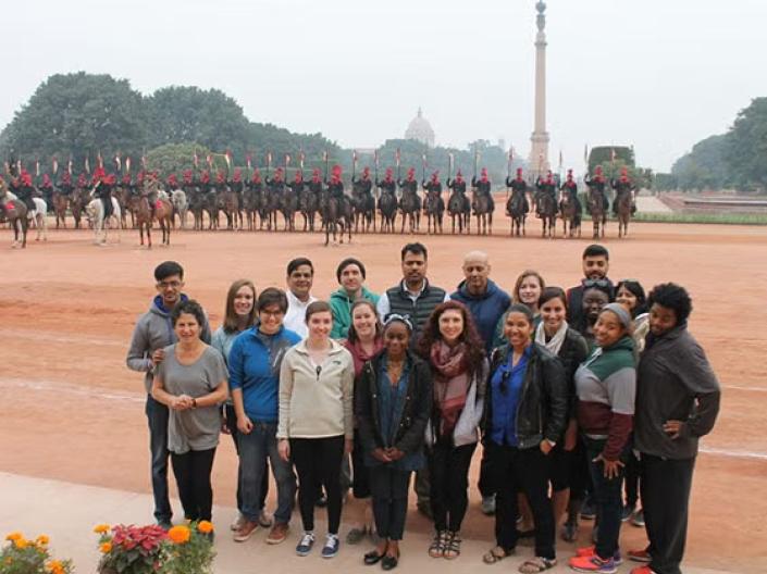 Students standing in a square abroad