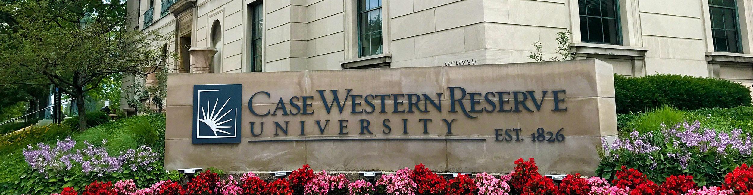 CWRU sign surrounded by flowers