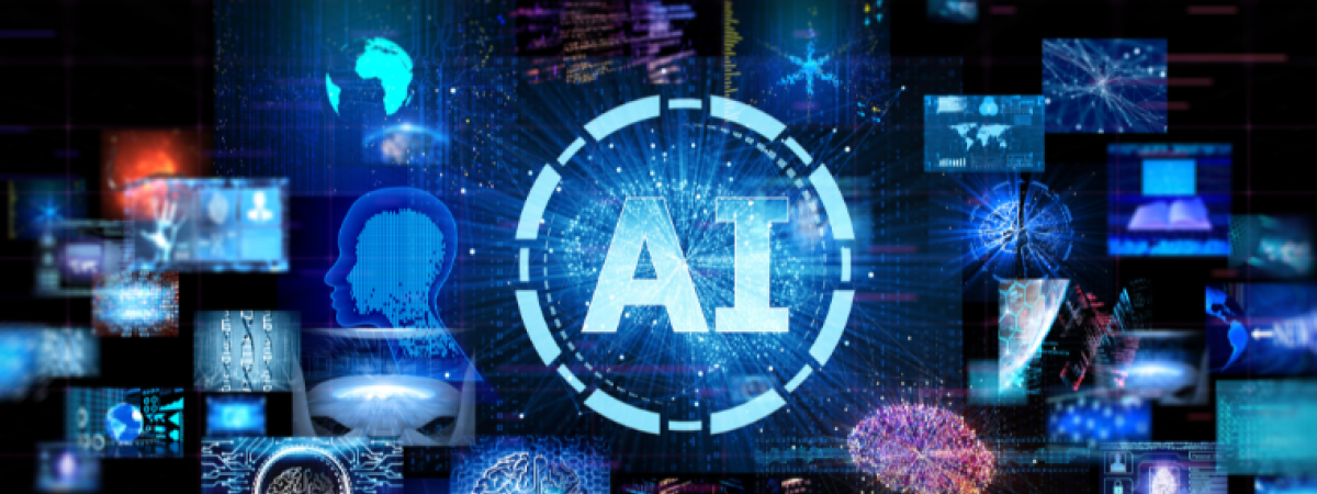 A graphic of blue images, including neural graphics, swirling around AI in bold blue letters.