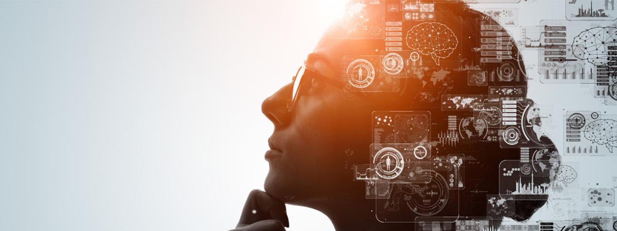 A silhouette of a woman's profile overlaid with digital data interfaces, neural networks, and icons representing artificial intelligence and human cognition.