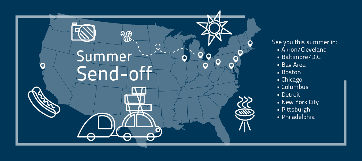 Map of the US, with Summer Send-Off locations provided: Akron/Cleveland Baltimore/D.C. Bay Area Boston Chicago Columbus Detroit New York City Pittsburgh Philadelphia
