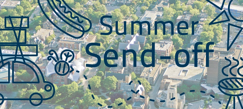 Aerial photo of CWRU Campus with words Summer Send-off on it