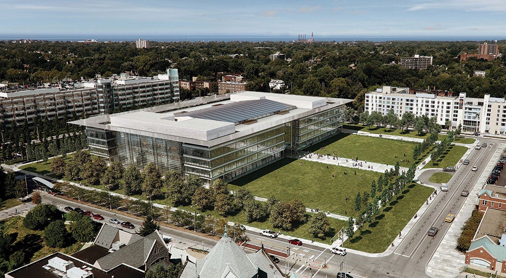 aerial view of CWRU's Health Education Campus